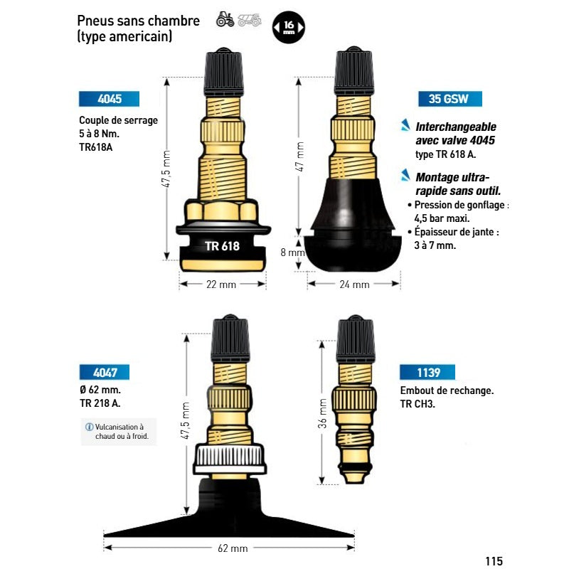 Valves sans chambre (type americain)