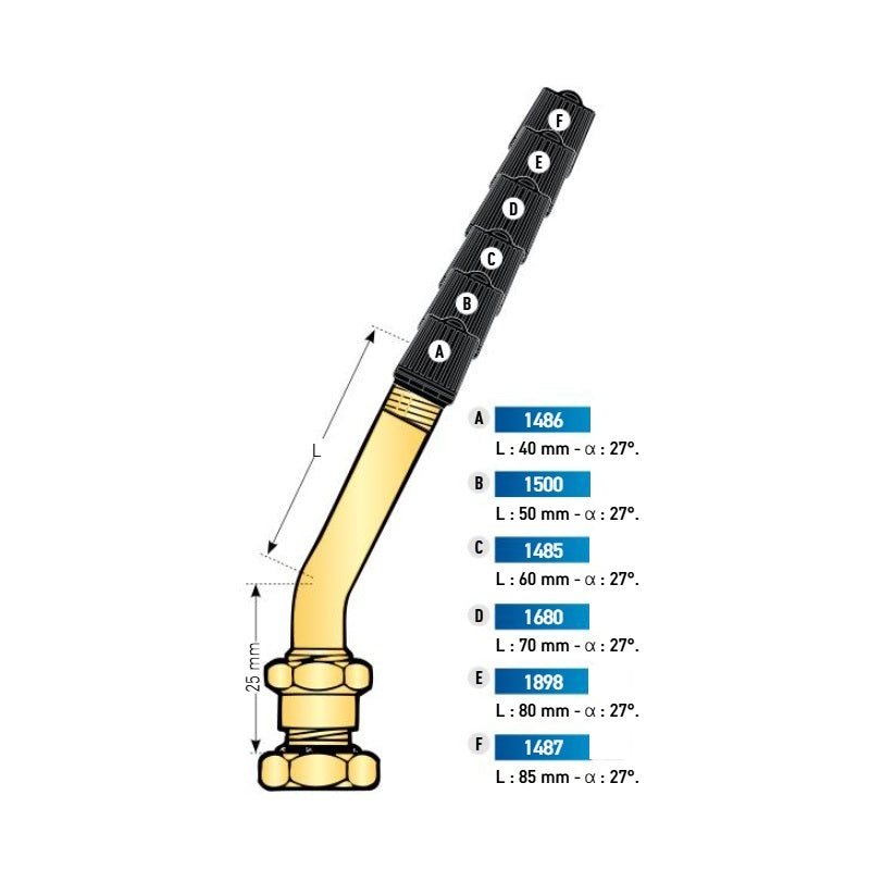 Valves rigides coudées à 27° plusieurs longueurs