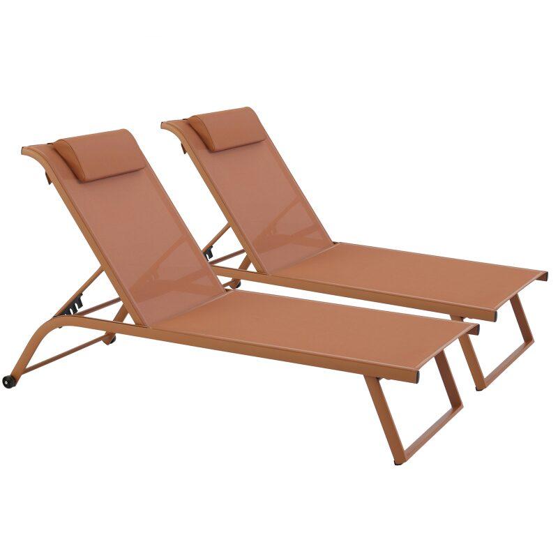 Bains de soleil aluminium et textilène inclinables 4 positions avec roues - Lot de 2 (plusieurs coloris)