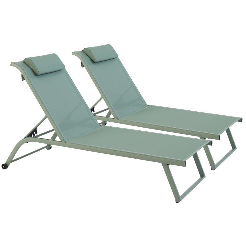 Bains de soleil aluminium et textilène inclinables 4 positions avec roues - Lot de 2 (plusieurs coloris)
