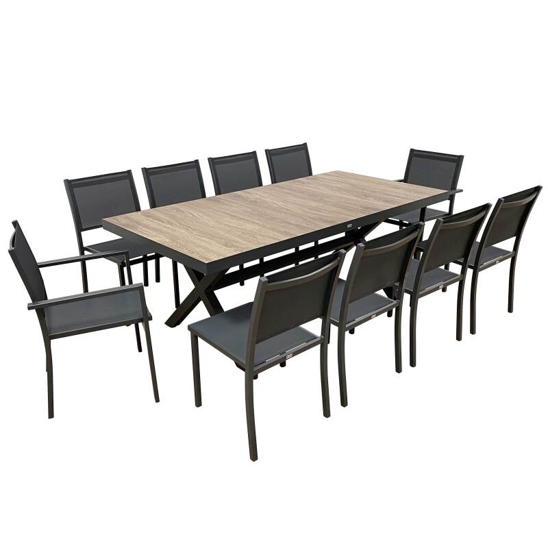 Table de jardin en aluminium et céramique effet bois 201x100 cm et 10 chaises empilables en textilène (plusieurs coloris)