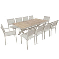 Table de jardin en aluminium et céramique effet bois 201x100 cm et 10 chaises empilables en textilène (plusieurs coloris)