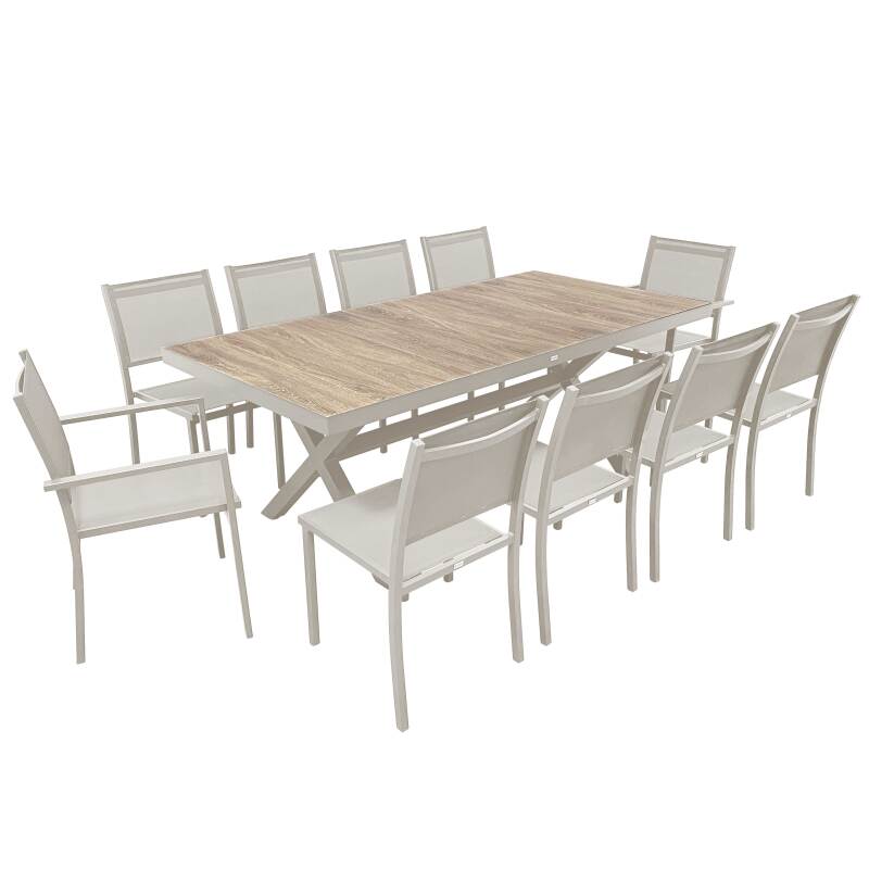 Table de jardin en aluminium et céramique effet bois 201x100 cm et 10 chaises empilables en textilène (plusieurs coloris)